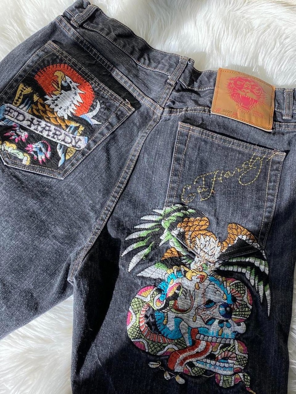 Ed Hardy Black Denim Jeans with Multicolor Embroidered Eagle and Skull